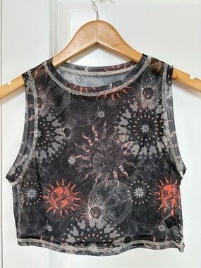 Sleeveless Mesh Sun & Moon Celestial Crop Top by SHEIN
